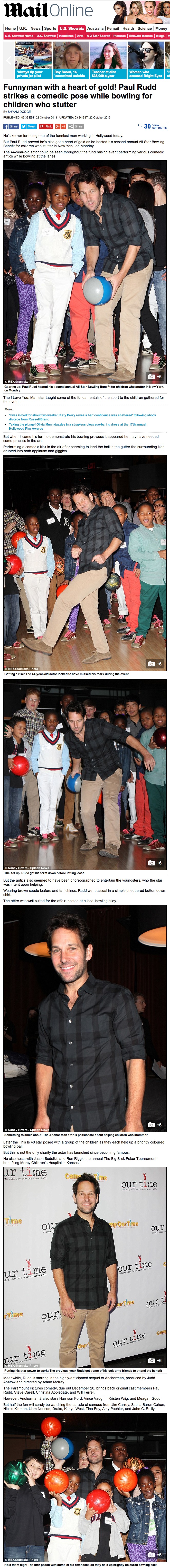Funnyman with a Heart of Gold! Paul Rudd Strikes a Comedic Pose While Bowling for Children Who Stutter